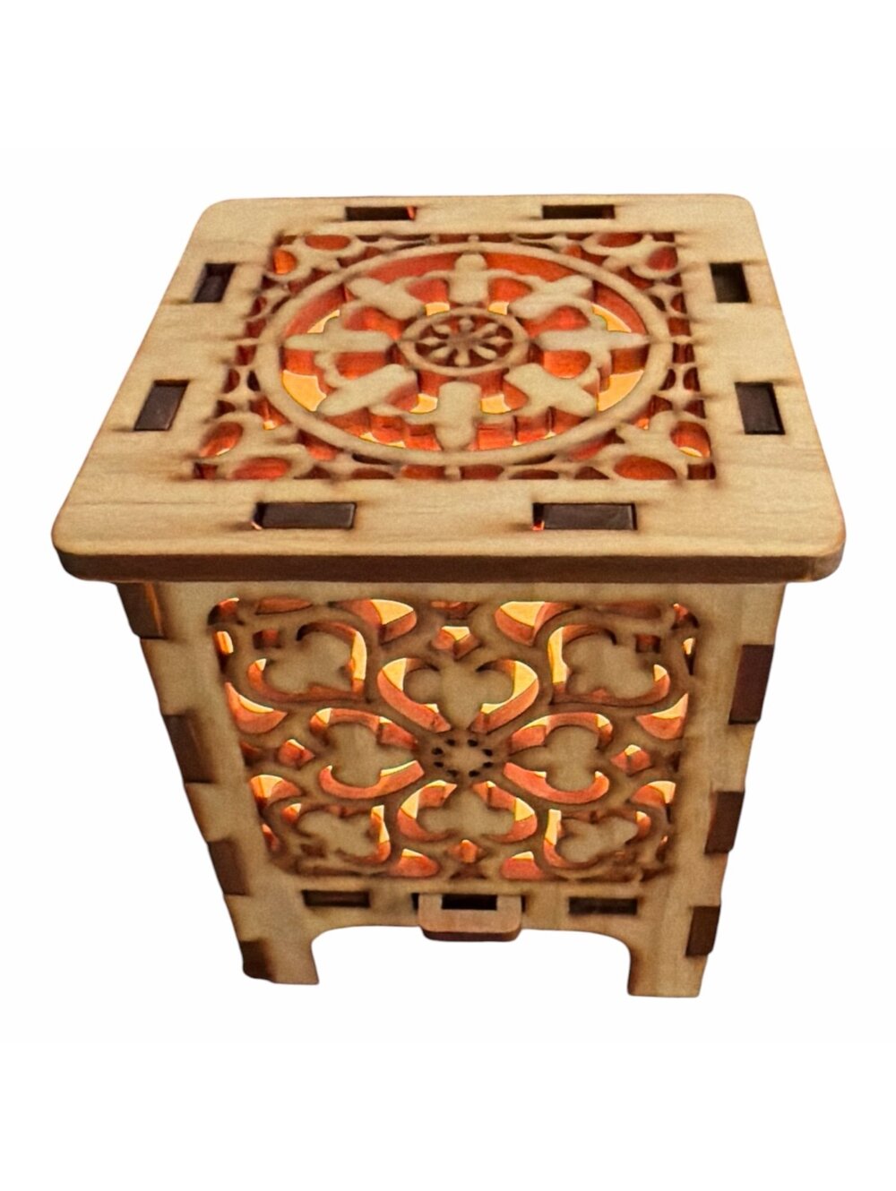 handcrafted wooden laser-cut table lantern featuring an intricate symmetrical fl